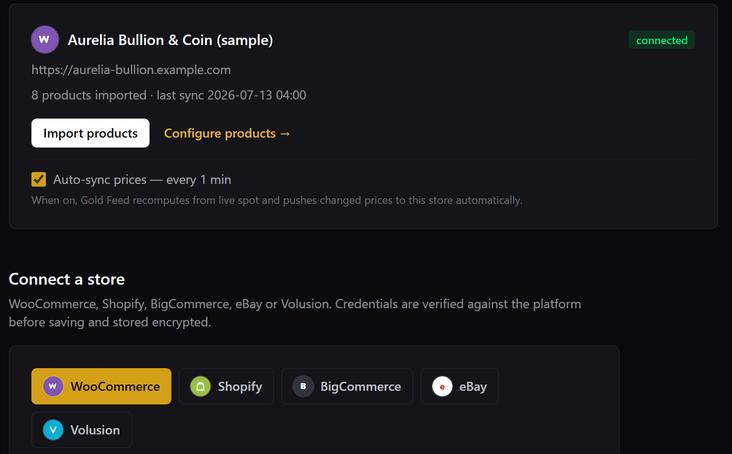 Gold Feed connected to a eBay store, automatically syncing prices from live gold, silver, platinum and palladium spot